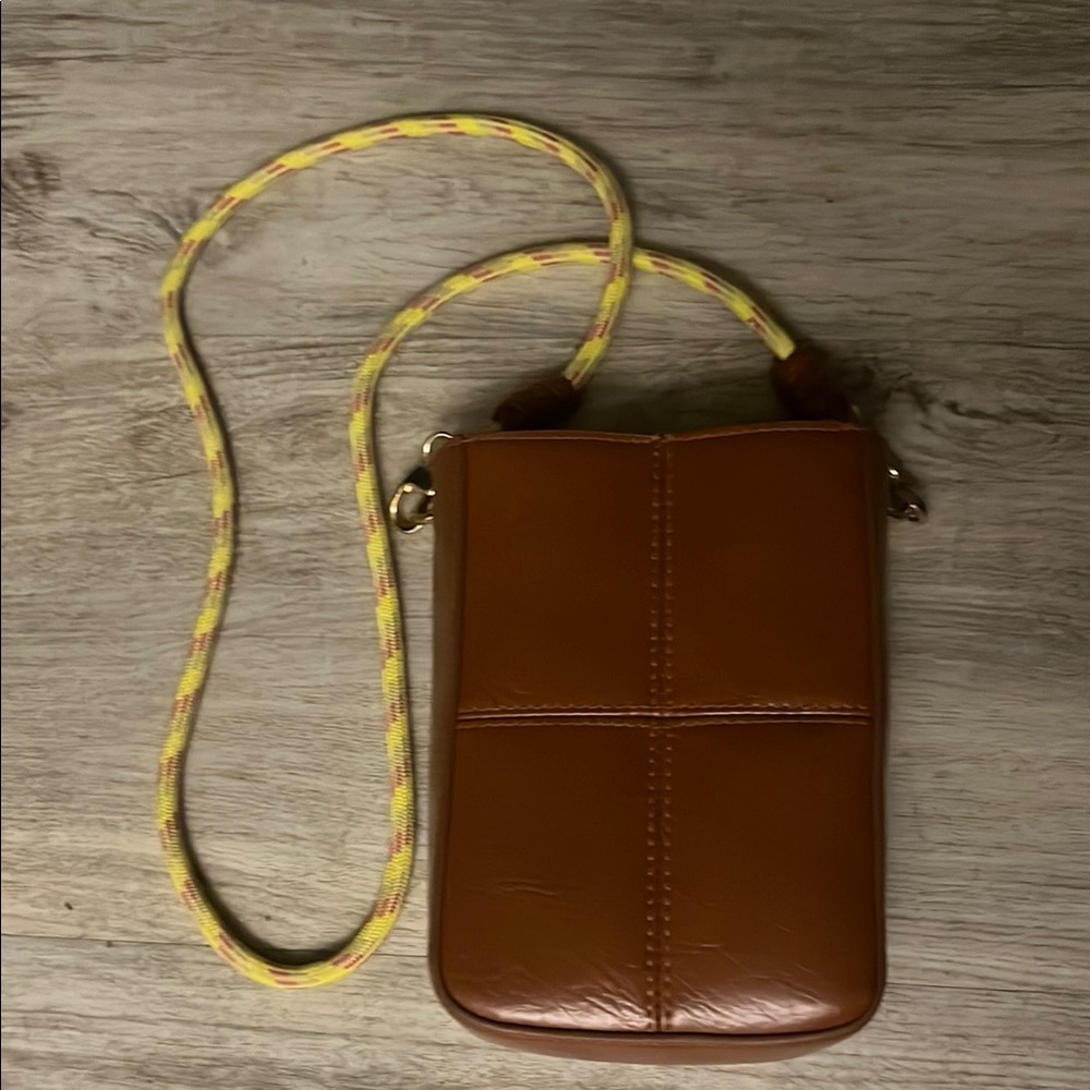 Brown Leather Crossbody Bag with Yellow Strap